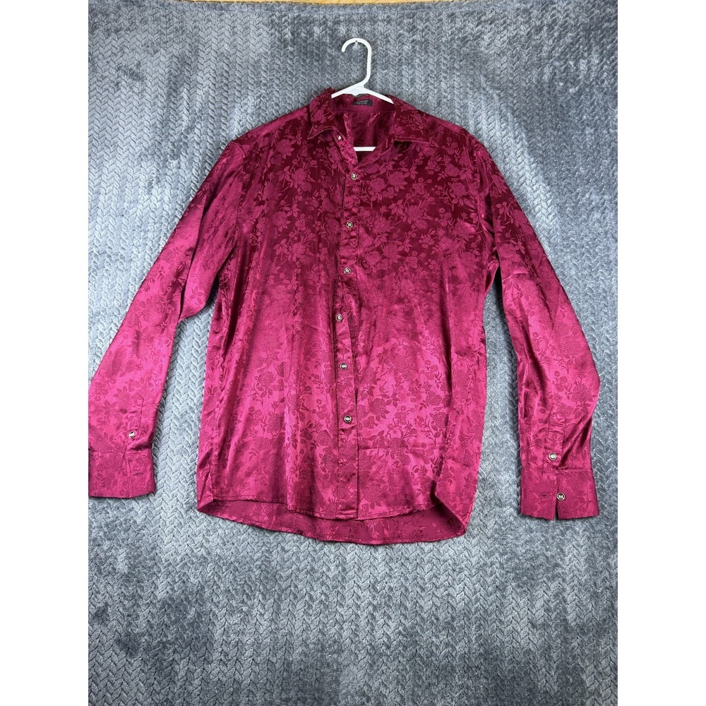 Coofandy Dress Shirts Mens Medium Burgundy Rose Printed Satin Career Formal